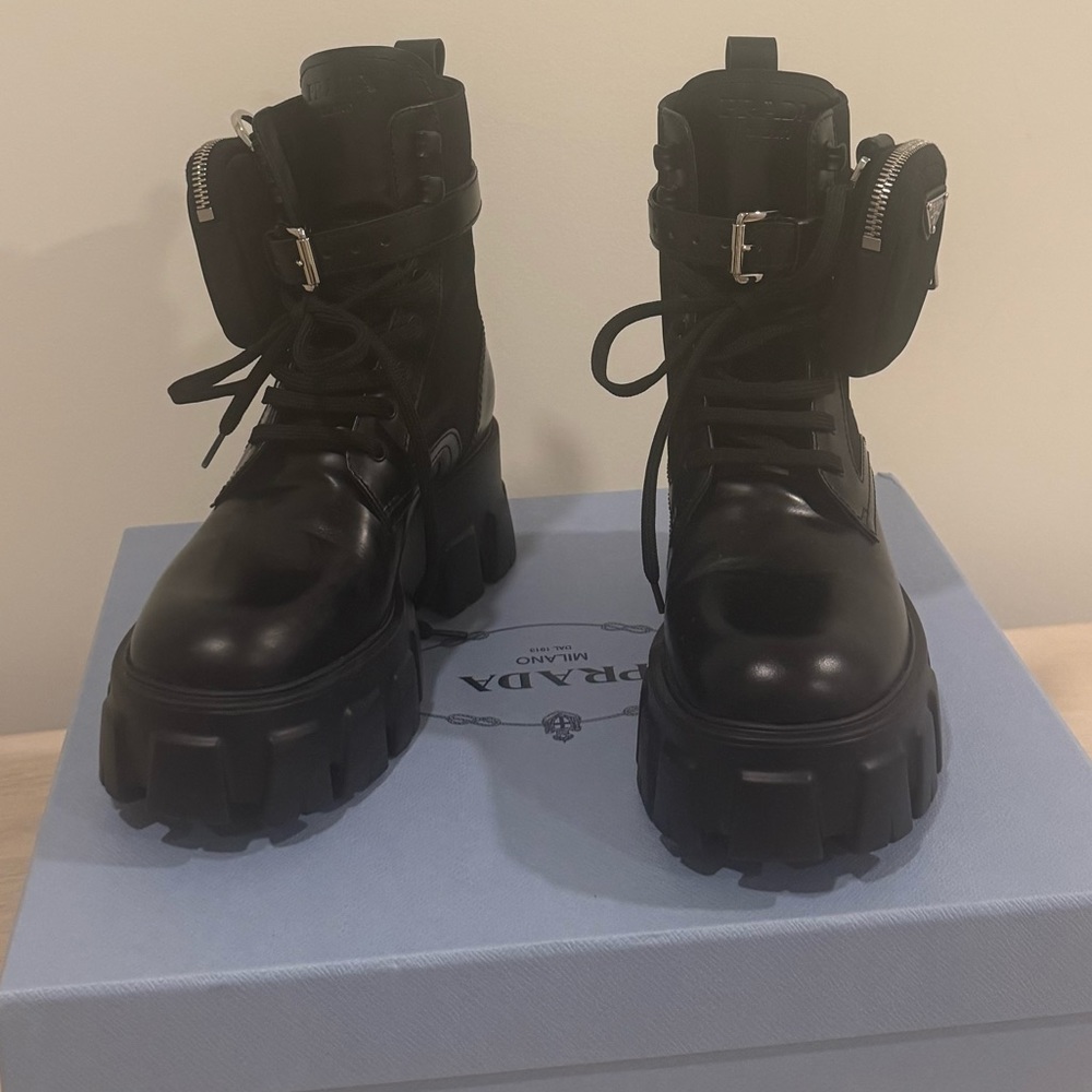 Prada Monolith Pouch-Detail Leather and Nylon Boots in Black Size 37